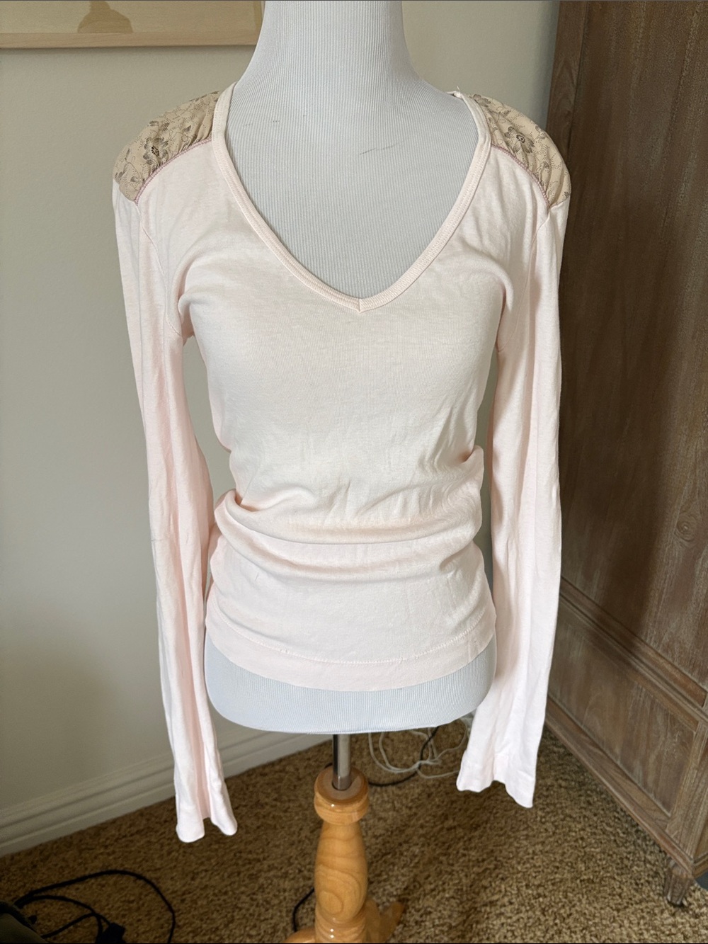 Light Pink V-Neck Long Sleeve Top with Lace Shoulder Detail